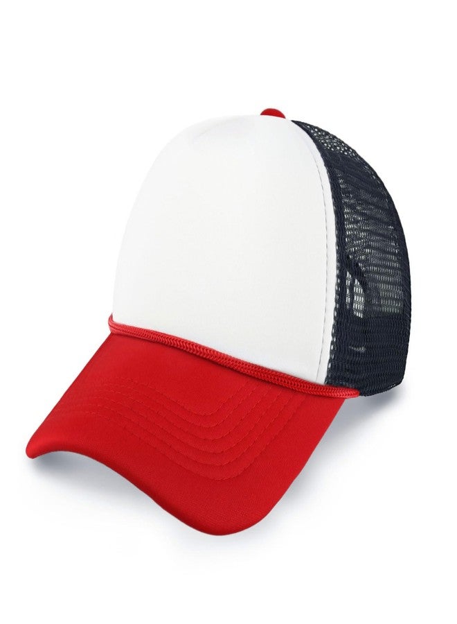 CHOK.LIDS Classic Foam Trucker Hat Summer Mesh Cap Solid Two Toned Blank Foamhead hat for Mens Womens Adjustable Strap Light Weight (White/Red/Navy) - Image 1